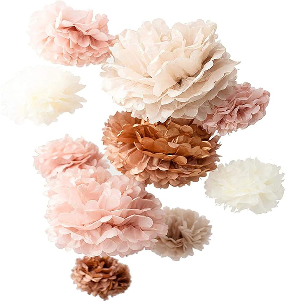 20 PCS Dusty Pink, Rose Gold, Ivory, Pastel Grey, Tissue Paper Pom Poms Kit, 14", 10", 8", 6", Tissue Paper Flowers for Wedding, Birthday, Bridal Shower, Bachelorette, Baby Shower Décor