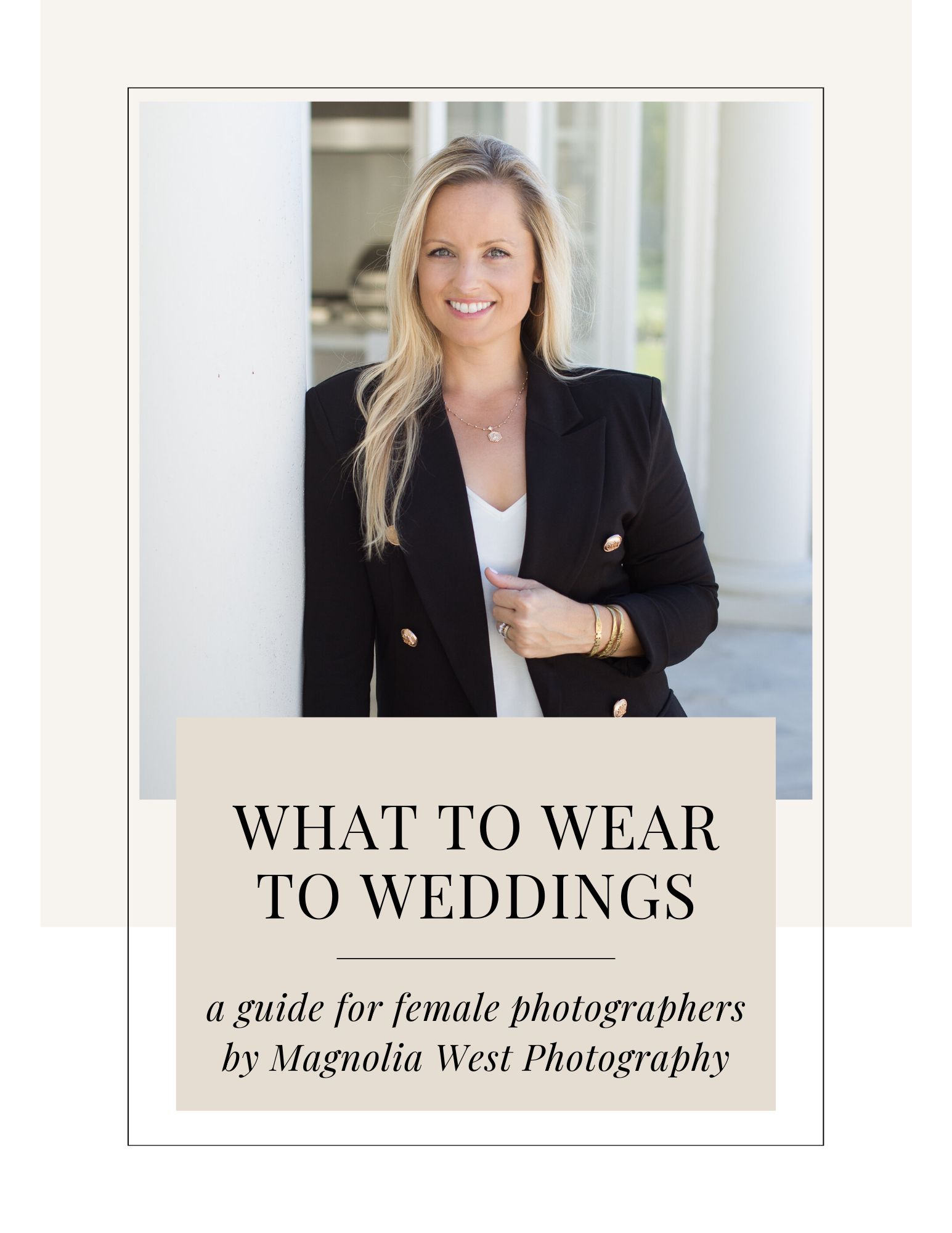 female luxury wedding photographer wearing an ivory camisole and a black balzer
