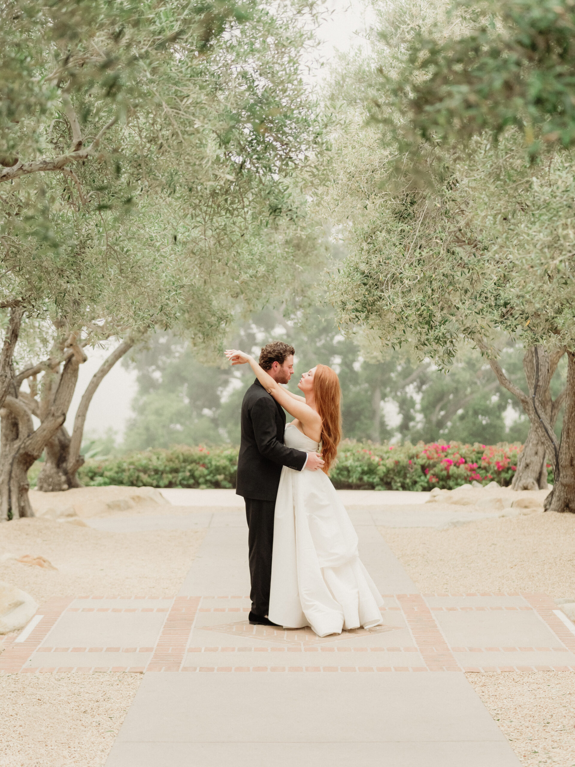 bride and groom stand in editorial pose in the olive tree grove at the montecito club in montecito ca santa barbara