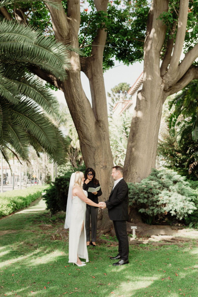 bride and groom say vows under the marriage tree at the santa barabara courthouse